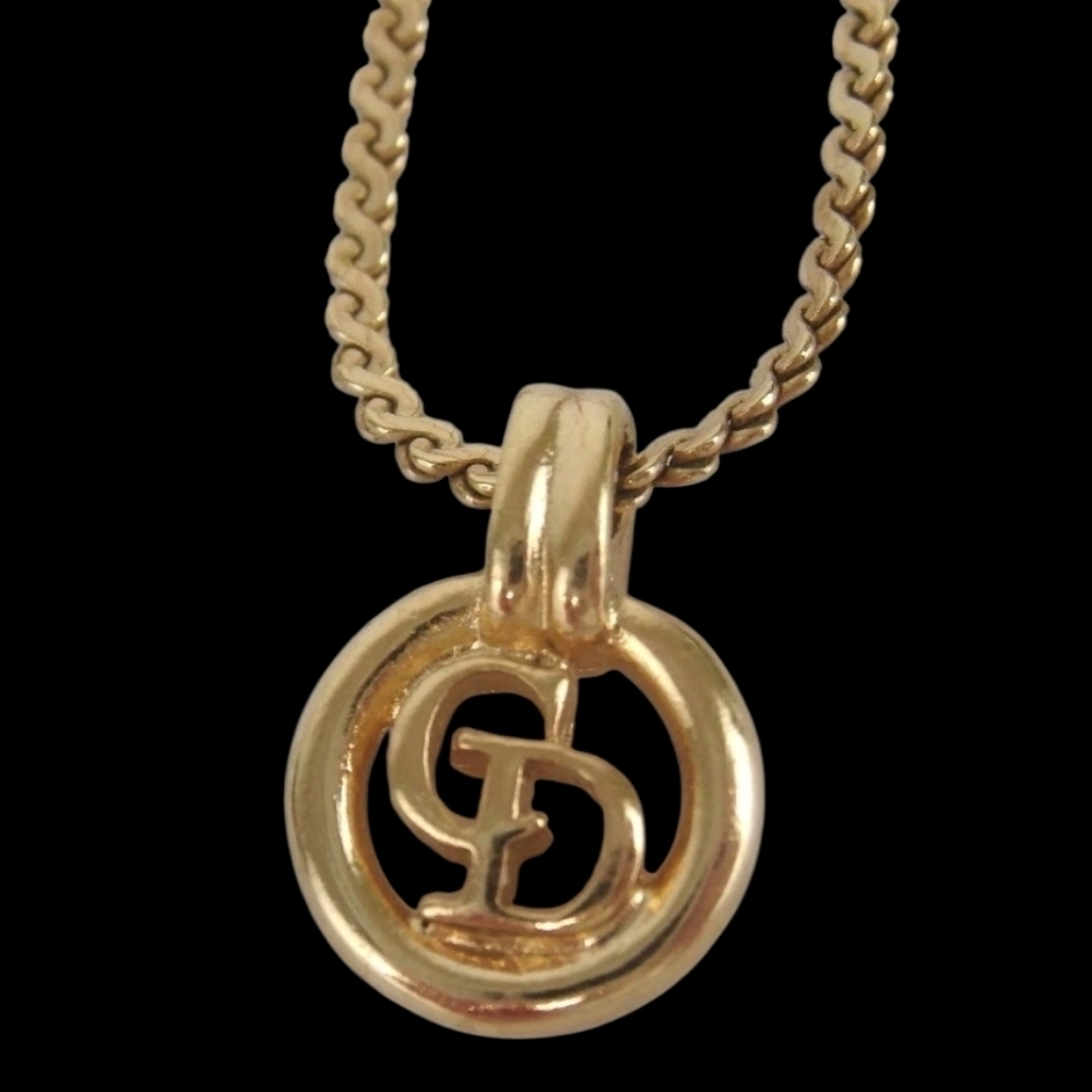 Christian Dior Vintage CD Logo Pendant Necklace Gold Tone Germany Signed + Dior